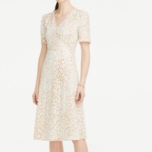 Ann Taylor Factory Leopard Print Faux Button Wrap Midi Dress Tan White Womens 16